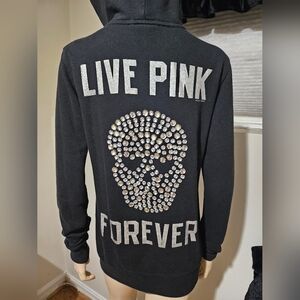 Victoria Secret Live Pink Forever Rhinestone Skull Hoodie sz Small Rare Black